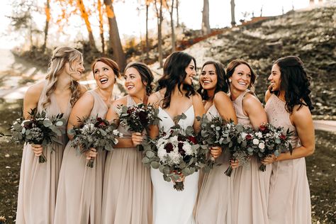 Burgundy & Taupe Wedding | Leopold's Mississippi Gardens Taupe Bridesmaid Dresses Fall, November Wedding Colors, Taupe Bridesmaid, Taupe Wedding, Bridesmaid Poses, Taupe Bridesmaid Dresses, Fall Bridesmaids, Wedding Color Trends, Fall Bridesmaid Dresses