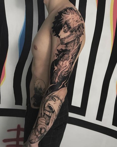 My Hero Academia Sleeve Tattoo, Muzan Kibutsuji Tattoo Ideas, My Hero Tattoo, My Hero Academia Tattoo Ideas, Mha Tattoos, My Hero Academia Tattoo, Dabi Tattoo, Tattoo Text, Hero Tattoo