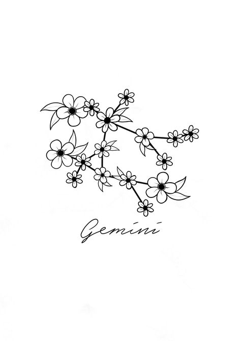 Gemini constellation with a wild flower twist. Gemini And Flower Tattoo, Star Sign Tattoos Gemini, Gemini Constellation Tattoo Flowers, Gemini Tattoo Flower, Gemini Floral Tattoo, Gemini Flower Tattoo, Gemini Constellation Art, Gemini Constellation Tattoo, Gemini Star Constellation