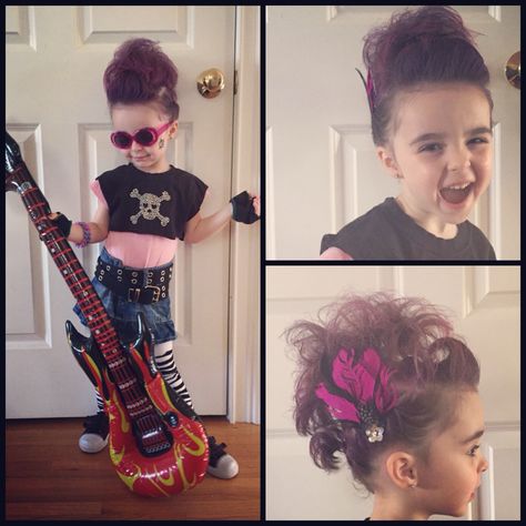 Punk rock toddler diy costume Kids Rockstar Costume Diy, Rockstar Costume Girl, Dress Like A Rock Star Day At School, Rockstar Costume Diy, Kids Rockstar Costume, Punk Rocker Costume, Rockstar Hairstyles, Festa Rock Roll, Diy Girls Costumes