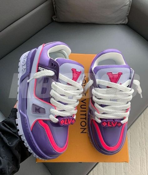 Hot Pink Louis Vuitton, Purple Shoes Outfit, Pink Louis Vuitton, Louis Vuitton Trainer, Nice Sneakers, Pretty Sneakers, Shoes Chunky, Nike Fashion Shoes, Shoes Purple