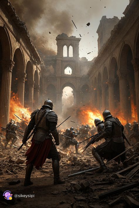 🛡️ Step into the heart of an epic battle where knights fight valiantly in the ruins of a once-great city, crafted by ComfyUI. The dramatic scene features crumbling structures, fiery explosions, and intense combat, making it perfect for inspiring your fantasy projects. 🔹 Brave knights 🔹 Crumbling city 🔹 Intense combat 🔹 Fiery destruction 🔹 Dramatic tension #Design #Fantasy #ComfyUI #Graphics #Inspiration #Knights #EpicScenes Fantasy Battle Scene, Dramatic Scene, Magical Images, Scene Background, Epic Battle, Fantasy Battle, World Of Fantasy, Fantasy City, The Ruins