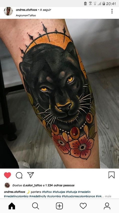 Tattoo Leopard, Traditional Panther Tattoo, Ems Tattoos, Black Panther Tattoo, Jaguar Tattoo, Leopard Tattoos, Panther Tattoo, Western Tattoos, Traditional Tattoo Sleeve