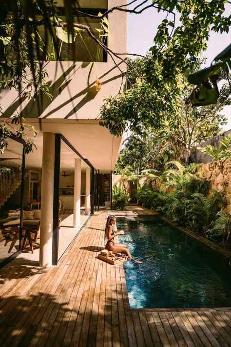 Luxurious Villa, Wooden Terrace, Scandinavian Apartment, Concrete Houses, Bali Villa, Small Pool Design, Loft Decor, Tropical House, Small Pool