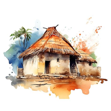 Premium Photo | Watercolor Cottage of Crumbling Hut Torn Burlap Decorations Muted Browns and Orang Art 2D Vector Popular Art Paintings, Burlap Decorations, Watercolor Cottage, House Illustrations, Hut House, Afrique Art, Burlap Decor, Painting Pictures, House Illustration