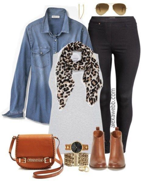 Plus Size Denim Shirt Outfit - Plus Size Fall Outfit Idea - alexawebb.com #alexawebb #fall #outfit Denim Shirt Outfits, Plus Size Denim Shirt, Outfits Mit Leggings, Plus Size Herbst, Mode Ab 50, Denim Shirt Outfit, Mode Tips, Plus Size Fall Outfit, Plus Size Denim