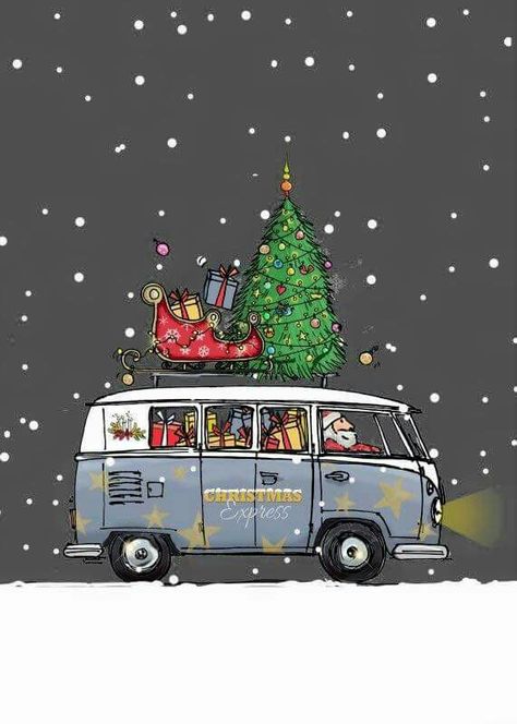 vw bus christmas Seasonal Paintings, Cute Christmas Wallpaper, Christmas Car, Volkswagen Bus, Christmas Drawing, Noel Christmas, Hippie Art, Christmas Paintings, Christmas Illustration