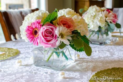 Bridal shower floral centerpieces with hydrangeas, gerber daisies, and roses. #bridalshower #bridalshowertable #floraltablearrangements #bridalshowerdecor Wedding Shower Tables, Bridal Shower Centerpieces Diy, Wedding Shower Centerpieces, Bridal Shower Chair, Non Floral Centerpieces, Bridal Shower Table Decorations, Bridal Shower Decorations Diy, Simple Bridal Shower, Wedding Shower Themes