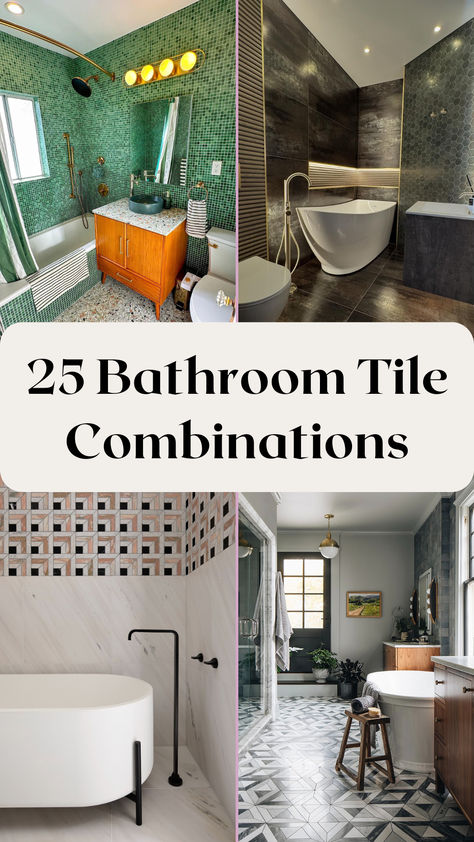 Collage of stylish bathroom tile combinations, featuring unique patterns and textures in green mosaic, dark hexagon, geometric, and marble tile designs. Perfect inspiration for modern and chic bathroom makeovers Masculine Bathroom Tile Ideas, Coloured Shower Tiles, Bold Floor Tile Bathroom, Black And White Mid Century Bathroom, Completely Tiled Bathroom, Tile Wall Bathroom Vanity, Brown Tiled Bathrooms, Tiles Combination For Bathroom, Mixing Tiles In Bathroom