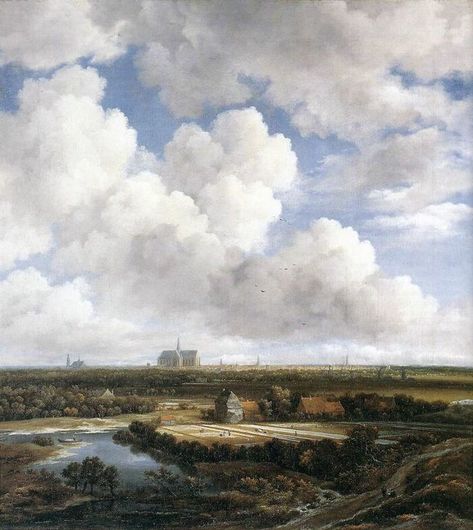 View Of Haarlem With Bleaching Fields Jacob Van Ruisdael, Vintage Art Paintings, Dutch Golden Age, Dutch Painters, Sky Painting, Cloud Painting, Lake Wall Art, Dutch Artists, Vintage Landscape