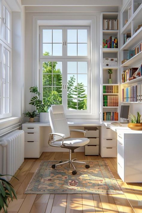 Turning One Room Into Two Rooms, Office With Corner Windows, Cool Home Office Space, Office Ideas With Window, Study Room With Window, Home Office And Library Combo, Home Office Window Desk, Home Office For Small Spaces, Sunroom Office Ideas Small Spaces