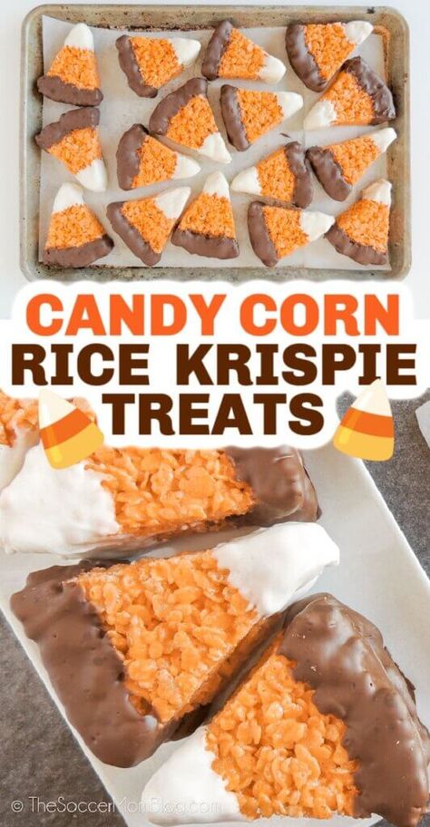 Rice Crispy Candy Corn, Rice Krispie Treats Candy Corn, Rice Krispie Candy Corn, Rice Crispy Fall Treats, Candy Corn Rice Crispy Treats, Thanksgiving Rice Krispy Treats, Rice Krispie Treats Fall Theme, Orange Rice Krispie Treats, Rice Krispie Treats For Halloween