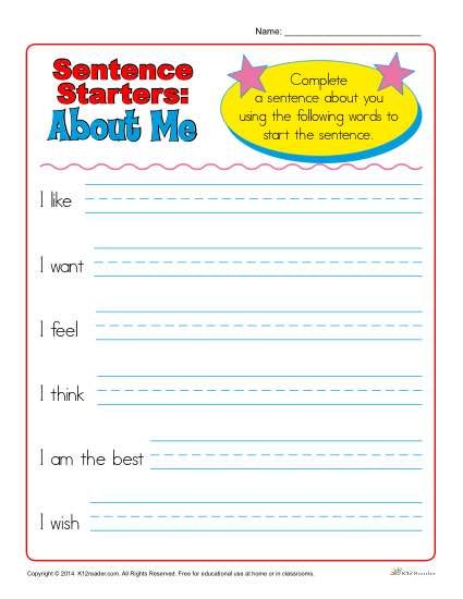 Free, printable sentence starter worksheet for kindergarten and first grade. Students practice writing sentences about themselves. Click to view and print! Sentence Stems For Writing First Grade, Opinion Writing Kindergarten, 1st Grade Writing Worksheets, Context Clues Worksheets, Basic Sight Words, Kindergarten Writing Prompts, Sentence Stems, First Grade Worksheets, Sentence Starters