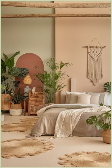 Cozy bohemian bedroom with neutral tones, macramé wall hanging, and lush indoor plants. Healing Bedroom, Clay Bedroom, Earthy Tones Aesthetic, Earthy Bedroom Aesthetic, Bedroom Aesthetic Ideas, Kitchen Flooring Trends, Kitchen Tile Inspiration, Ensuite Bathroom Designs, Modern Bedroom Colors