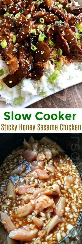 Easy Slow Cooker Recipes- Sticky Honey Sesame Chicken - One Hundred Dollars a Month Sesame Chicken Slow Cooker, Sesame Chicken Crockpot, Slow Cooker Asian, Honey Sesame Chicken, Honey Sesame, Sesame Chicken, Easy Slow Cooker Recipes, Crockpot Meals, Easy Slow Cooker