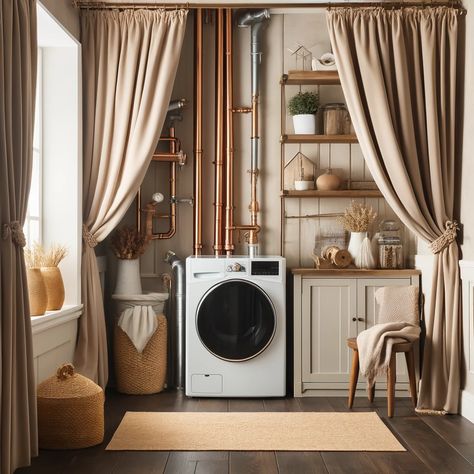 10 Clever Ideas on How to Hide Laundry Room Plumbing - GoTinySpace Hide Washing Machine, Hide Laundry Room, Laundry Room Plumbing, Outdoor Living Small Spaces, Hidden Laundry Rooms, Concealed Laundry, Washer And Dryer Covers, Hide Pipes, Apple House