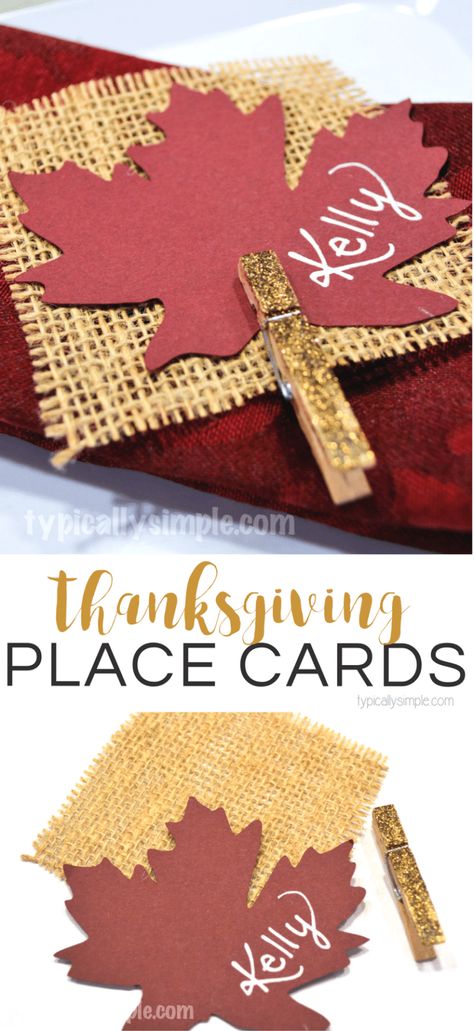 Thanksgiving Place Cards {Burlap & Glitter} - Typically Simple Burlap Thanksgiving Table, Easy Diy Thanksgiving Decorations, Thanksgiving Dinner Table Decorations, Thanksgiving Place Cards, Thanksgiving Dinner Table, Thanksgiving Decorations Diy, Diy Thanksgiving, Thanksgiving Diy, Thanksgiving Table Settings