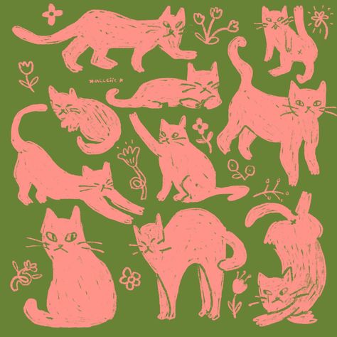 A Bunch Of Cats, Bunch Of Cats, Cat Instagram, Cat Doodle, Cat Illustration, Funky Art, Cute Illustration, Animal Illustration, Linocut