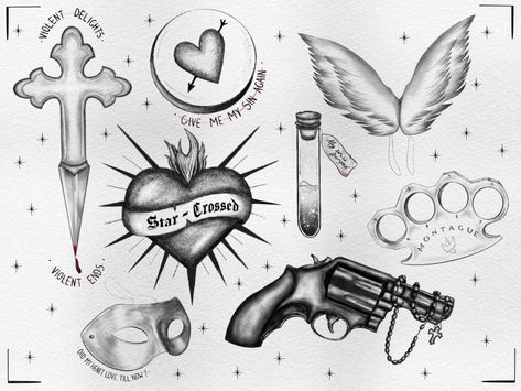 Romeo And Juliet Heart Tattoo, Romeo And Juliet Inspired Tattoo, Romeo And Juliet Symbols, Romeo And Juliet Drawing Ideas, Romeo And Juliet 1996 Tattoo, Romeo And Juliet Art Drawing, Romeo And Juliet Tattoo Ideas, Romeo And Juliet Art, Romeo And Juliet Tattoo