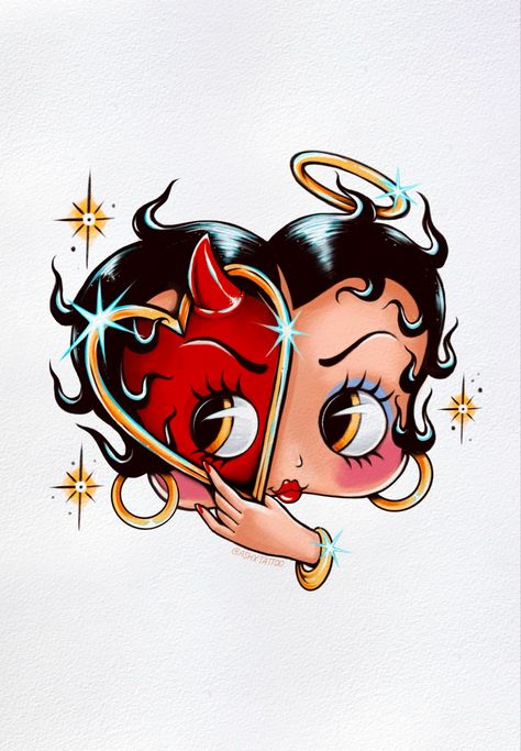 Betty boop devil heart illustration by tattoo artist Ashlie Franks Tattoo Ideas Betty Boop, Betty Boop Room Ideas, Diva Tattoo Ideas, Betty Boop Aesthetic Icons, Betty Boop Scorpio, Artist Inspired Tattoos, Black Betty Boop Tattoo, Betty Boop Sketch, Betty Boop Clown