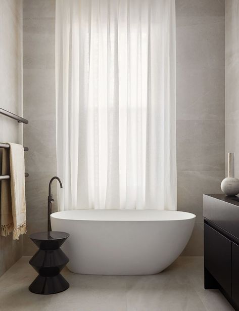 Curtains in the bathroom: beautiful or big mistake? - Your Home and Garden Renovated Victorian House, Neutral Bathrooms Designs, Victorian Era Homes, Steel Frame Doors, Elegant Interiors, Australian Homes, Free Standing Bath, Shower Design, Bathroom Shower Curtains