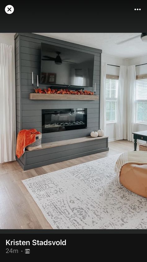 Faux Tv Wall Built Ins, Diy Entertainment Center Ideas With Fireplace, Living Room Accent Wall With Electric Fireplace, Chevron Electric Fireplace Wall, Large Tv And Fireplace Wall, Diy Fireplace Tv Wall Measurements, Fireplace Tv Wall With Hearth, Diy Fireplace Tv Wall With Mantle, Electric Fireplace With Shiplap