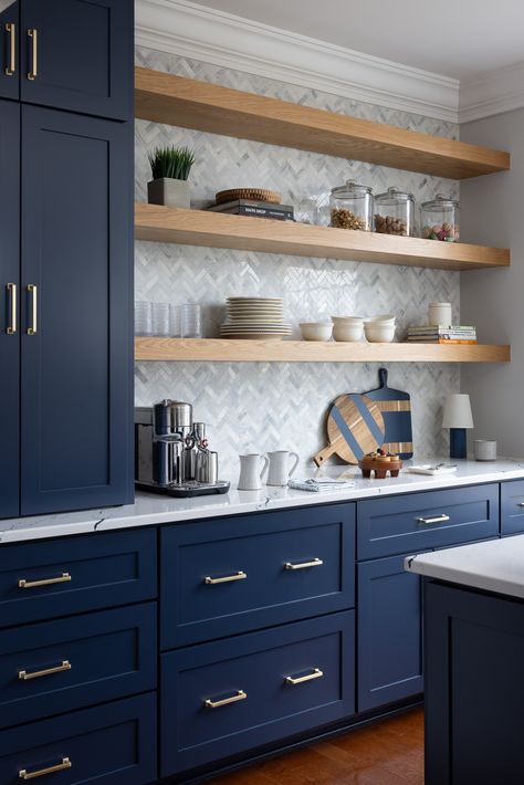 The scullery kitchen features smart storage solutions that keep everything organized and within reach.  Photography || Christy Kosnic Photography  #SculleryKitchen #SculleryKitchenDesign #Scullery #2NL #Design  #TwoNavyLane  #RenovationSpecialists #NewBuilds #NewBuildHouse #NewBuildHomes #InteriorArchitecture #ElleDecor #VogueLiving #HouseBeautiful #PrettyLittleInteriors #ResidentailInteriorDesign #LivableLuxury #InteriorDesignersofInstagram #LuxuryInteriorDesign #LuxuryInteriors #LuxeAtHome Modern Scullery, White Kitchen Cabinets With Butcher Block, Blue And White Kitchen Cabinets, Scullery Kitchen, Quick Breakfasts, Tech Entrepreneur, Family Room Remodel, Navy Kitchen, Custom Shelving