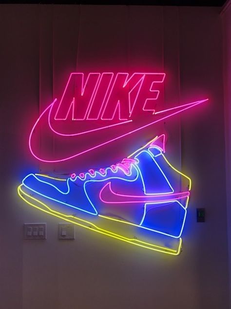 Client Gallery | Let There Be Neon Shoes Neon Sign, Large Outdoor Wall Decor, Neon Boutique, Neon Room Decor, Neon Game, Unicorn Sign, Neon Nike, Sneakerhead Room, Cool Neon Signs