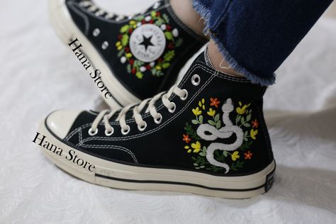 "Experience the art of hand embroidery on Converse embroidered shoes, a testament to meticulous craftsmanship." Custom Embroidery Converse High Tops / Embroidered Snake Sneakers/ Custom Converse Chuck Taylor Embroidered Snake/ Custom embroidery animal   💸 Price includes Converse Shoes and floral embroidery as shown 🌸 You can send me your Converse/Vans shoes or I can buy them for you. We stock all the Converse and Vans shoes you want, if you want other Converse/Vans shoes in the store, please m Embroidered High Top Vans, Embroidered Hightop Converse, Black High Top Converse Embroidery, Converse High Tops Platform Embroidery, Embroydered Chuck Converse, Embroidered Shoes Converse, Embroidery Sneakers, Chuck Taylor Shoes, Embroidered Converse