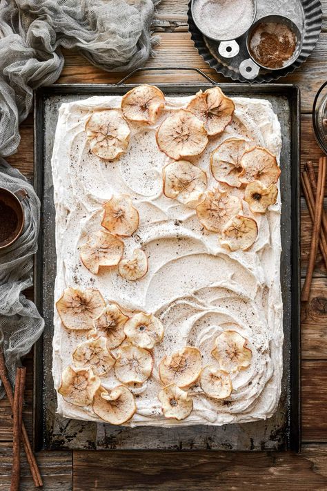 Apple Wedding Cake, High Altitude Cake Recipe, Dried Apple Slices, Sheet Cakes Decorated, Wedding Sheet Cakes, Cinnamon Buttercream, High Altitude Baking, Apple Season, Cinnamon Apple