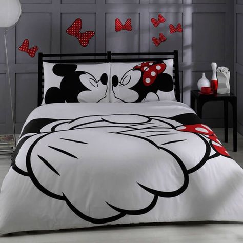 Disney Mickey & Minnie duvet bed set | Inside the Magic Mickey Mouse Bed, Disney Bedding Sets, Minnie Mouse Bedding, Mickey Mouse Bedding, Mickey And Minnie Kissing, Casa Disney, Disney Bedding, Disney Bedrooms, Disney Rooms