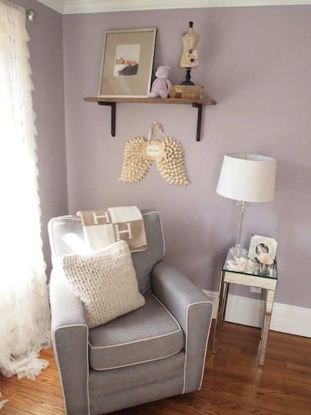 Ours is a similar color palette: dusty purple/grey walls, white crib, white bookshelf, grey and white dresser, light brown carpeting Purple Grey Paint Color, Grey Purple Paint, White Bookshelves, White Crib, Purple Bedroom, Brown Carpet, White Dresser, Grey Paint Colors, Purple Walls