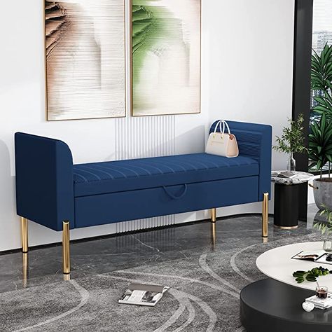 ALISH Storage Bench,Upholstered Storage Ottoman Bench,Modern Bed Bench Entryway Bench with Gold Legs for Bedroom Living Room Blue Blue Accent Chairs Living Room, Modern Bed Bench, Upholstered Entryway Bench, Living Room Blue, Bench Entryway, Grey Benches, Blue Bench, Storage Bench Bedroom, Room Blue