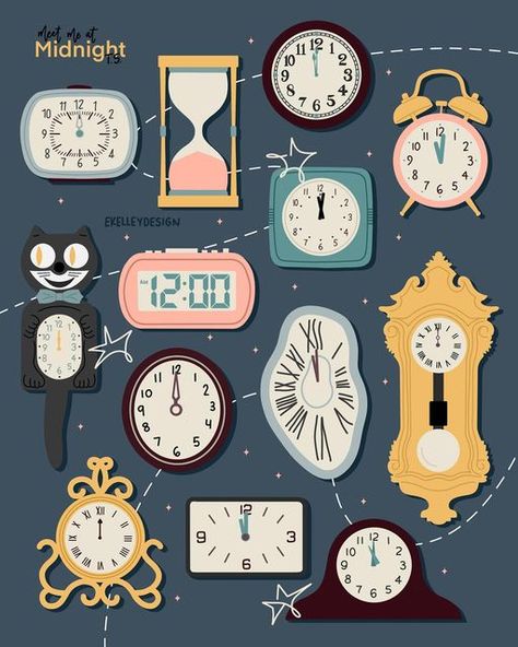 Cool Clock Drawing, Midnights Clock, Clocks Illustration, Wall Of Clocks, Clock Doodle, Midnight Clock, Clock On Wall, Clock Poster, Clock Illustration