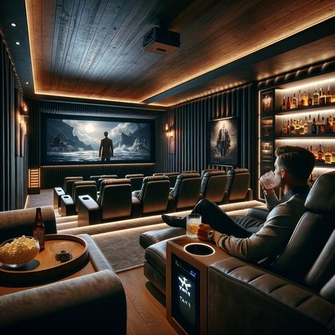 Tv Cinema Room, Home Theatre Guest Room, Cinema Snug Room, Man Cave Luxurious, Modern Theatre Room, Industrial Movie Room, Theater In House, Cool Basement Ideas Man Caves, Moody Movie Room