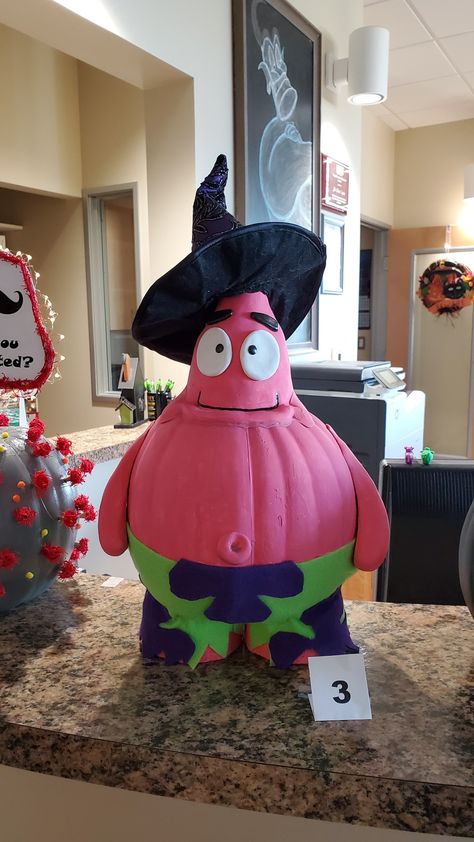 Halloween Theme Pumpkin Painting, Patrick Star Pumpkin Painting, Pumpkin Ideas For Halloween Contest, Pumpkin Decorating Characters, Pumpkin Piggy Bank, Pumpkin Decorating Ideas Harry Potter, Mrs Potts Pumpkin, Pumpkin Creative Ideas, Pumpkin Decorating Ideas Disney