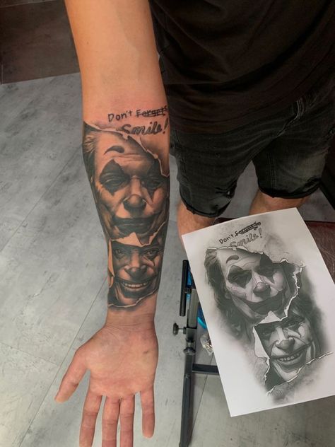 Joker Ideas Tattoo, Joker Forearm Tattoo Design, Cute Joker Tattoo, Joker Smile Hand Tattoo For Women, Dont Forget To Smile Joker Tattoo, Don't Forget Tattoo, Joker Sleeve Tattoo Ideas, Joker Tattoo Quote, Joker Tattoo For Men