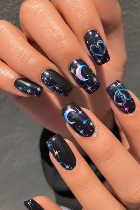 Glitter Moon Nails, Acrylic Nail Designs Spiritual, Black Moon Nails Acrylic, Celestial Nail Art Designs, New Moon Nails, Black Nails With Stars And Moon, Star And Moon Nails Acrylic, Stars And Moon Nails Design, Stary Night Nail Designs