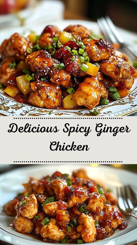 Indulge in the perfect balance of heat and sweetness with this Spicy Ginger Chicken Delight! Tender chicken is marinated in a rich ginger sauce, bursting with bold flavors that pack a punch. Ideal for weeknight dinners, this recipe combines fresh ginger, garlic, and a hint of spice for a satisfying meal. Perfect for those who love spicy chicken dishes, this ginger chicken recipe is a must-try. Get ready for a mouthwatering experience that's simple yet exciting! Ginger Chicken With Sesame Peanut Sauce, Sticky Ginger Chicken, Recipes With Candied Ginger, Ginger Chili Chicken, Ginger Recipes Dinner, Spicy Food Recipes, Orange Ginger Chicken, Ginger Chicken Recipes, Chicken Delight