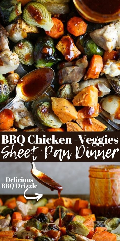 BBQ Sheet Pan Dinner is the perfect one pan dinner. A mix of veggies and chicken baked on a sheet pan and then drizzled with a delicious BBQ vinaigrette. Bbq Chicken And Veggies, Bbq Vinaigrette, Chicken Thighs Sweet Potatoes, Sweet Potatoes Brussel Sprouts, Healthy Bbq Chicken, Potatoes Brussel Sprouts, Family Casserole, Sheet Recipes, Chicken Sheet Pan Dinner