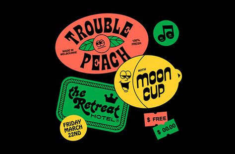 Steve-gavan-trouble-peach-graphic-design-itsnicethat-01 Moon Cup, Fruit Stickers, Visuell Identitet, Gfx Design, Flyer Design Inspiration, Design Brochure, Start Ups, Editorial Illustration, 로고 디자인