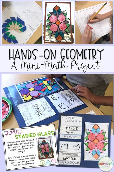 This hands-on geometry activity is the perfect way to incorporate art into your elementary classroom! Stained glass creations are a fantastic art extension activity appropriate for 2nd, 3rd, or 4th grade! Students can use pattern blocks to complete the mini math geometry project and then turn their design into a masterpiece! Great closure activity for second, third, and fourth grade classes. 4th Grade Crafts, Geometry Project, Math Art Projects, Geometry Projects, Geometry Activities, Design Pattern Art, Fourth Grade Math, Glass Creations, Math Projects