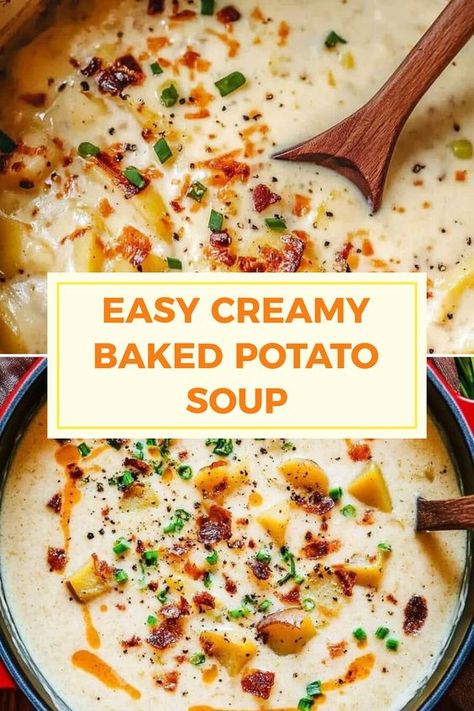 Warm up with this ultimate Easy Creamy Baked Potato Soup! Perfect for chilly days, this recipe combines creamy texture with hearty potatoes, crispy bacon, and sharp cheddar cheese. Plus, it’s a breeze to prepare – you'll have a delightful soup ready in no time. Imagine soaking in each comforting spoonful as it melds the flavors of fresh herbs and seasoning. This comforting dish is perfect for weeknight dinners or gatherings, and it’s sure to become a family favorite for any soup lover! Potato Soup Easy Quick, Creamy Garlic Potatoes, Creamy Potato Soup Recipe, Homemade Potato Soup, Potatoes Crispy, Best Potato Soup, Best Baked Potato, Cheesy Potato Soup, Cheddar Potatoes