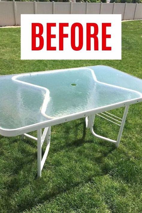 Upgrade your patio glass table with this quick table upcycle DIY idea. Before and after outdoor table makeover idea on a budget. Outdoor Glass Table Makeover, Table Upcycle Diy, Glass Table Makeover, Outdoor Table Makeover, Outdoor Glass Table, Table Upcycle, Diy Patio Table, Patio Furniture Makeover, Diy Outdoor Table