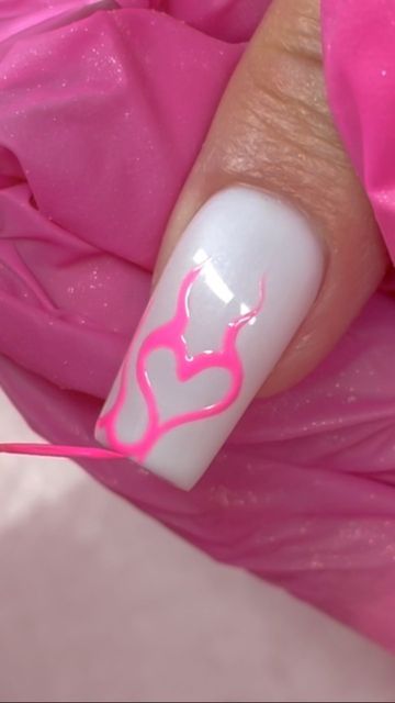 Heart Flame Nails Acrylic, How To Draw A Flame On Nail, Valentines Flame Nails, Heart Fire Nails, Heart Flame Nails Tutorial, Heart Gel Nail Designs, Flaming Heart Nails, Heart Flames Nails, Flame Art Nails