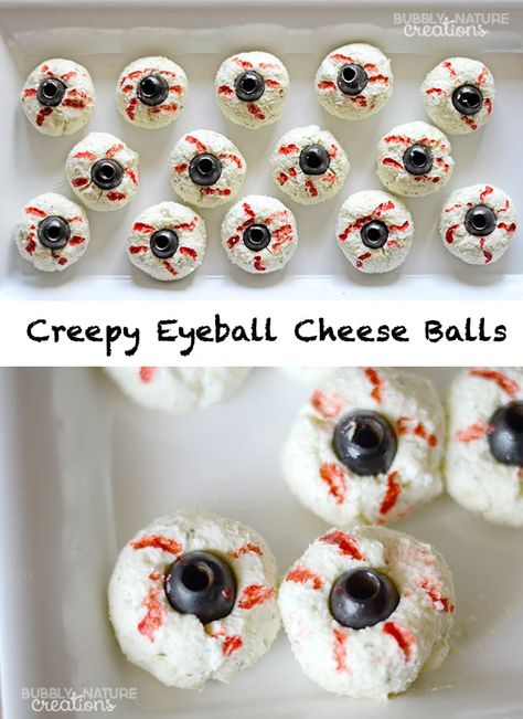 Creepy Eyeball Cheese Balls!  A silly Halloween Snack or Appetizer that will have everyone creeped out! Creepy Eyeball, Silly Halloween, Easy Halloween Party Food, Halloween Party Food, Halloween Food Appetizers, Halloween Tricks, Halloween Snack, Easy Halloween Party, Peach Syrup