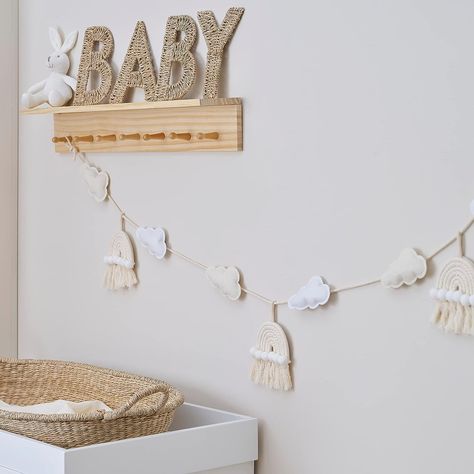 Craft your dream nursery with our stunning fabric baby bunting. Elevate your decor with a 2-meter macrame rainbow and felt cloud bunting for a touch of whimsical charm. #baby #nursery #babybunting #rainbow #clouds