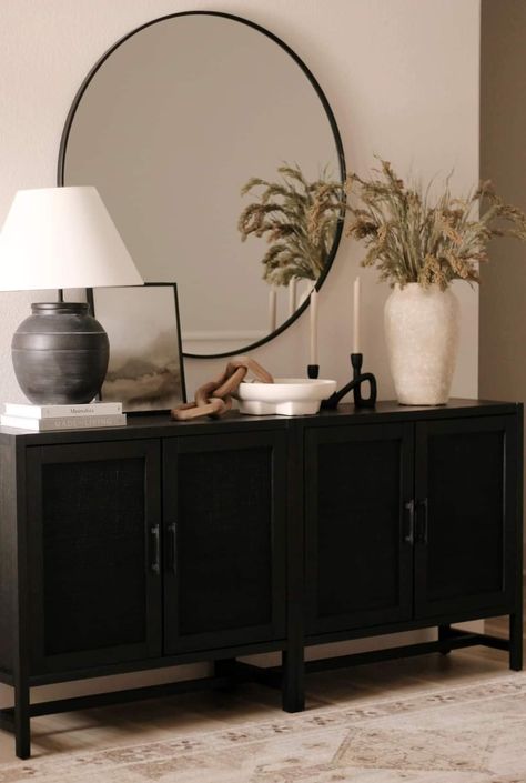 Buffet Table As Entry Table, Black Buffet Entry Table, Masculine Foyer Entryway, Styling Black Entryway Table, Unique Entryway Table, Black Buffet Decor, Black Sideboard Styling, Entryway Cabinet Decor, Black Entry Table Decor