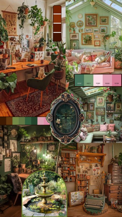 Bedroom inspiration pics. Color palette is green, pink, and brown. The mix of dark green, warm wood tones, and a pop of pink, is a cozy and beautiful color combination. Maximalist cottage core decor with plants and framed/art of insects and mushrooms. Dallergut Dream Department Store, Warm Maximalist Decor, Pink And Brown Room, Cottage Core Green, Fairy Core Bedroom, Brown Room, Brown Rooms, Room Cozy, Maximalist Decor