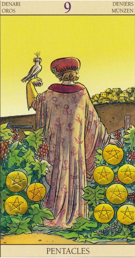 Nine of Pentacles - Tarot of The New Vision (Gianluca Cestaro & Pietro Alligo) 9 Of Pentacles, Nine Of Pentacles, Tarot Decks Art, Pentacles Tarot, Th 5, Pentacles, Daily Tarot, Tarot Cards Art, Rider Waite